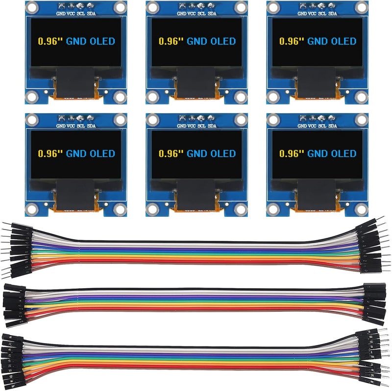 XIITIA 6pcs 0.96 inch OLED IIC I2C Display Module SSD1306 128x64 LCD Screen Driver with 30pin Dupont Cables for Arduino(Yellow Blue/GND Screen) - Image 1
